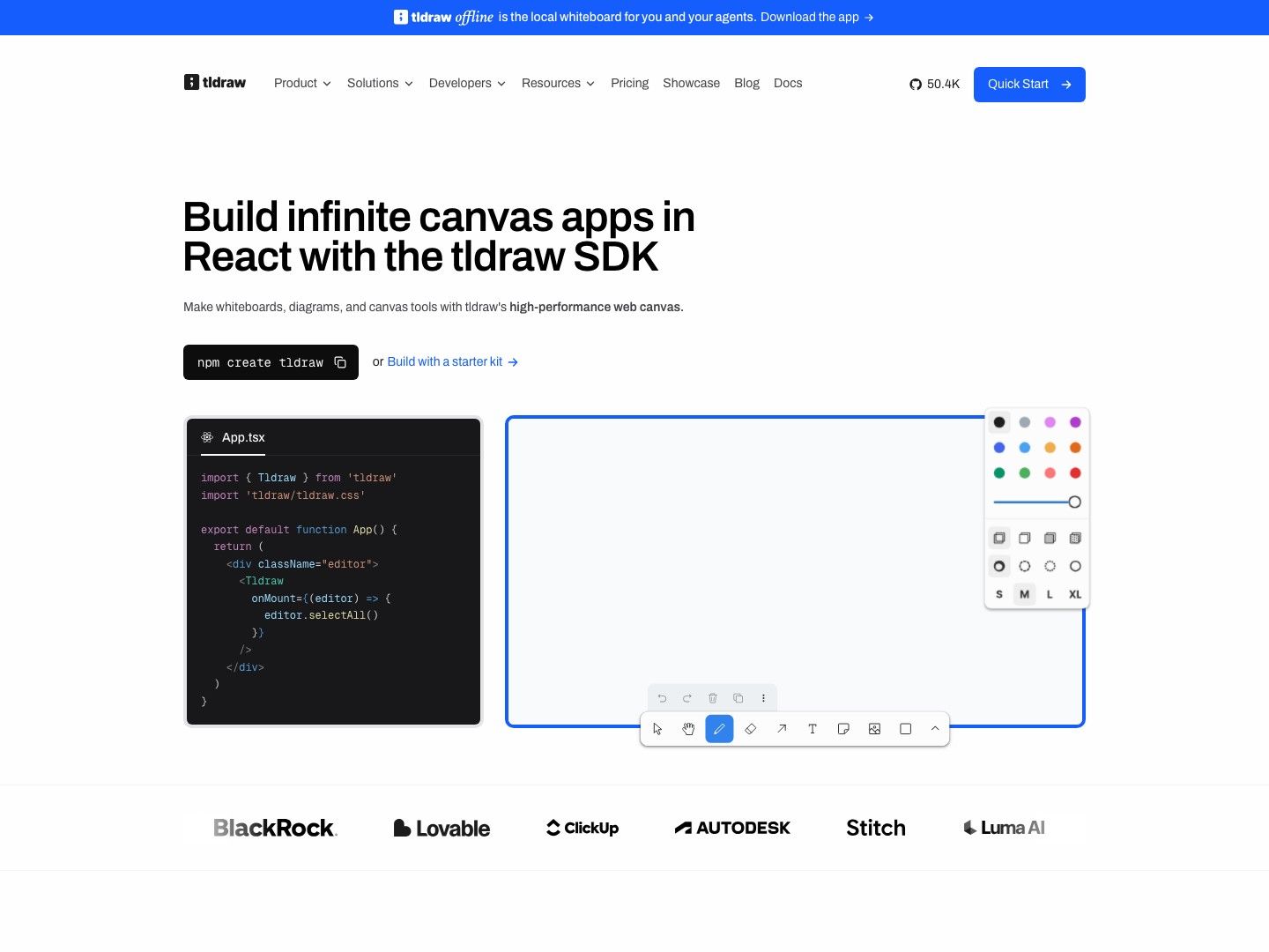The tldraw.dev homepage, showing its navigation, typography, and canvas SDK introduction
